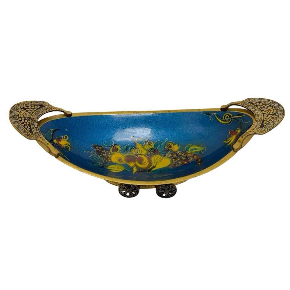 Vintage Judaica MCM Enameled Brass Fruit Bowl Cart Floral Wheels Made in Israel